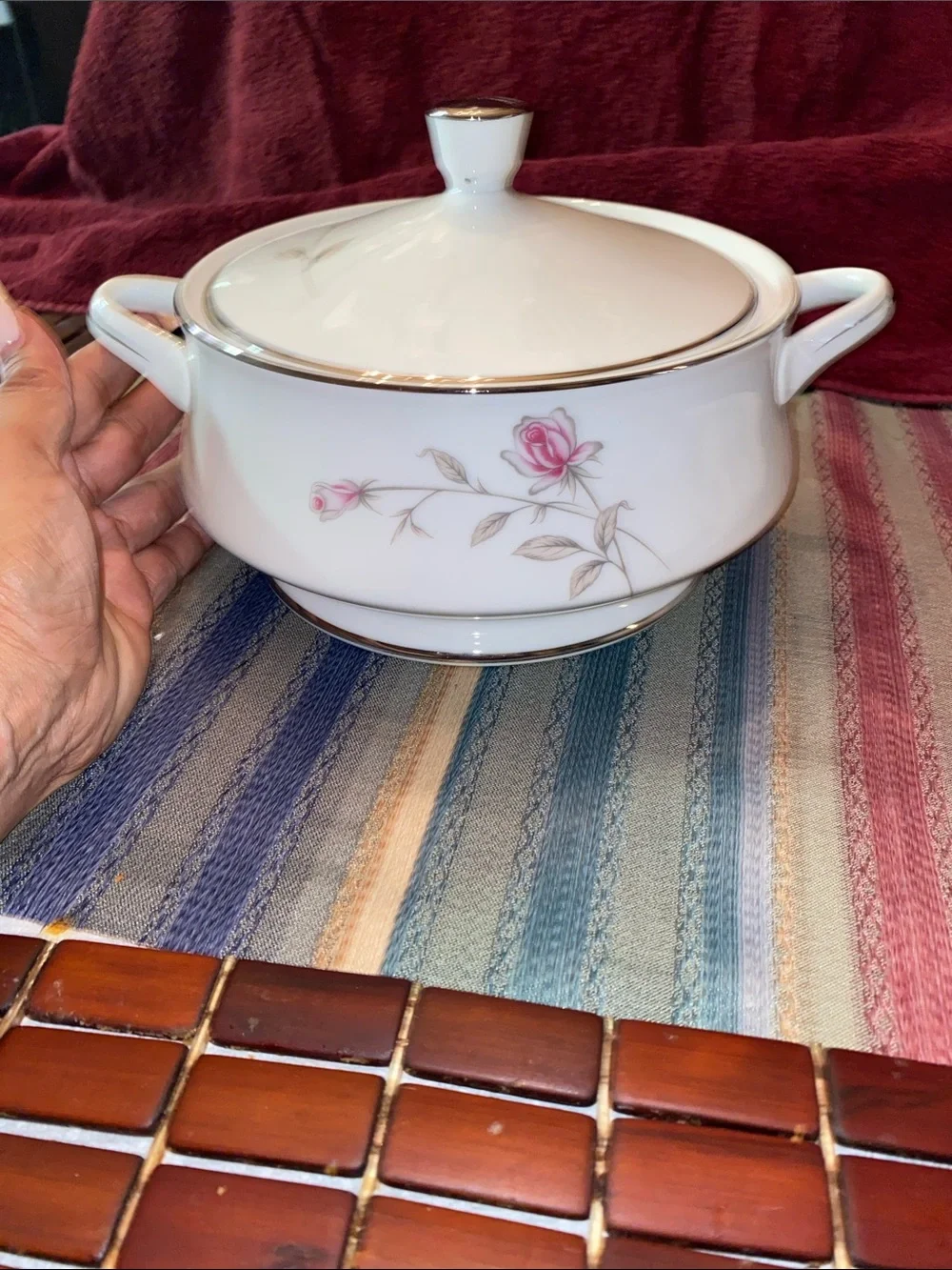 Vintage Seiza White Floral Covered Casserole Dish with Pink Rose Accent